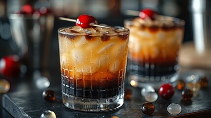   Close-up shot of a drink in a glass with a cherry on the rim and an additional cherry beside it