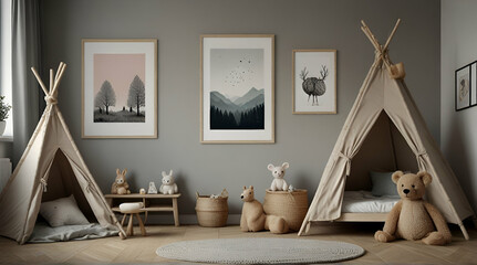 Mockup black poster frame and accessories decor in cozy white interior background. generative.ai