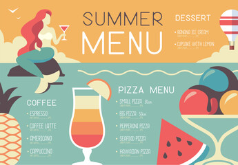 Retro summer restaurant menu design with mermaid and cocktail glass. Vector illustration