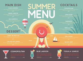Retro summer restaurant menu design with cocktails, ocean landscape and woman in hat. Vector illustration