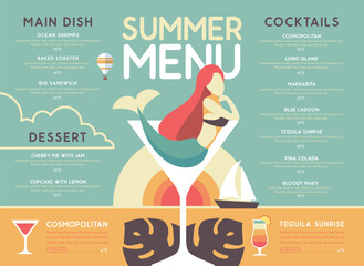 Retro summer restaurant cocktail menu design with mermaid in cocktail glass. Vector illustration - 772772848