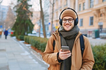 Fototapeta premium caucasian man is listening to music on smartphone with headphones outdoors