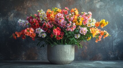 Fototapeta na wymiar A vase with colorful flowers sits atop a wooden table, facing a gray wall and backed by a black one