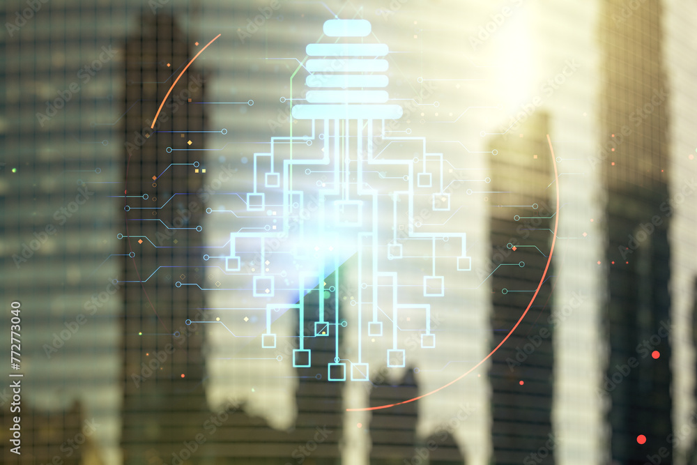 Poster virtual creative light bulb illustration with microcircuit on modern architecture background, future