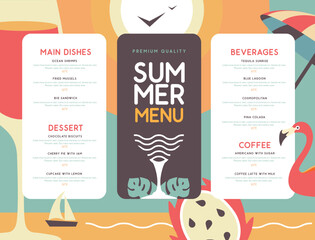 Retro summer restaurant menu design with flamingo, wine glass and pitahaya. Vector illustration - 772773016