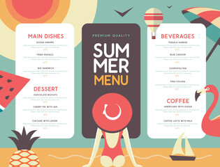 Retro summer restaurant menu design with pineapple, flamingo and woman in hat. Vector illustration - 772773033