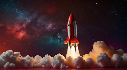 Launch of a red rocket isolated on clear PNG background, made of precious metal. Successful start concept. generative.ai