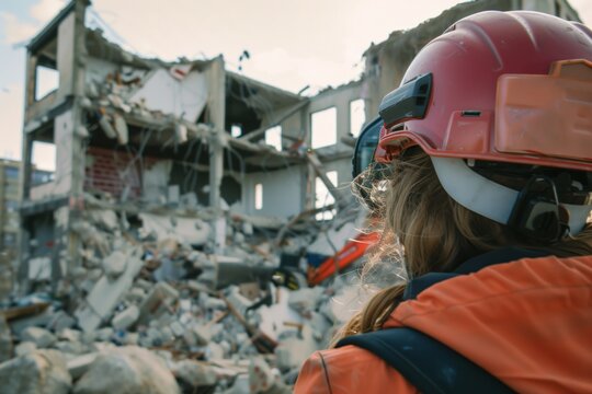 person looking at a demolished building with a construction helmet