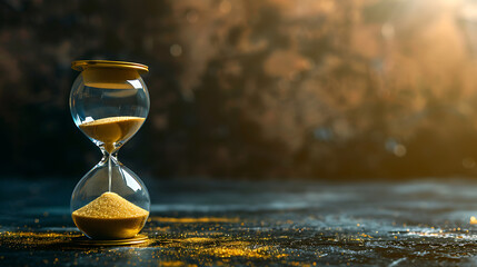 
Sand running through the bulbs of an hourglass measuring the passing time in a countdown to a deadline with copy space