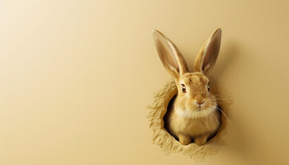 Fototapeta na wymiar Cute easter bunny coming out of a hole with copy space