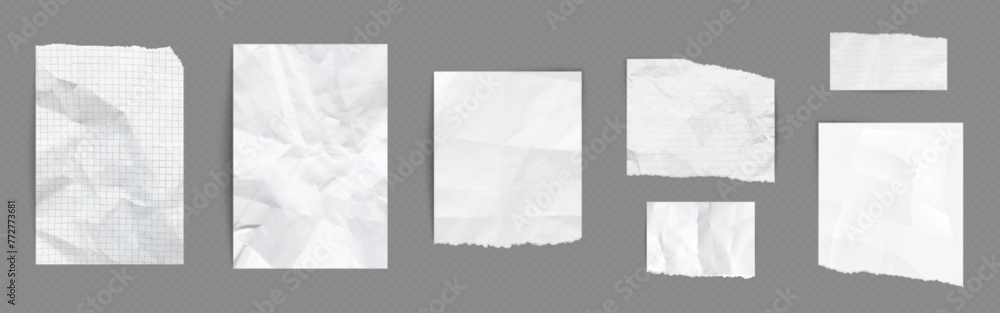 Poster Paper pieces with wrinkles and torn edges. Realistic vector illustration set of empty white and checkered pages with crumpled effect. Design mockup of blank sheet with crease and rough border.