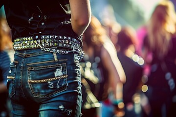 punk rocker with a studded belt attending a live concert - obrazy, fototapety, plakaty