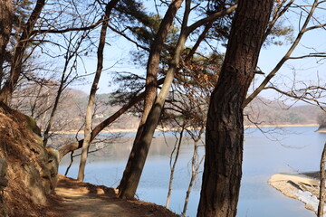 lake nature horizon autumn winter cold tranquility