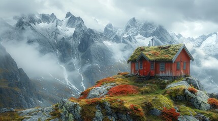   A red house with a green roof perches atop a snow-capped mountain, surrounded by snowy peaks