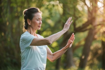 fit woman in sixties practicing tai chi outdoors