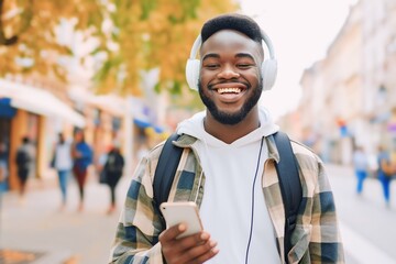 African man is listening to music on smartphone with headphones outdoors