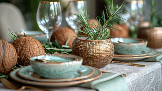   A photo of a close-up table with dishes and cups, featuring a plant in a vase placed on top