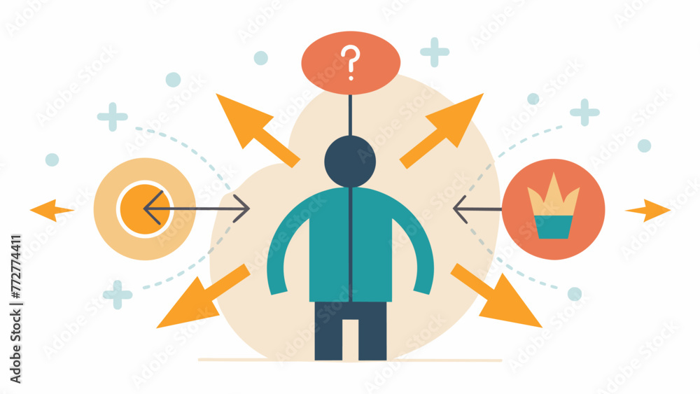 Poster an abstract drawing of a person with two opposing arrows pointing towards them. one arrow represents