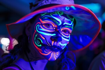 attendee with face paint glowing under black light