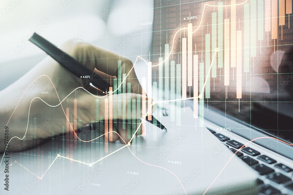 Poster multi exposure of abstract financial graph with hand writing in notebook on background, financial an