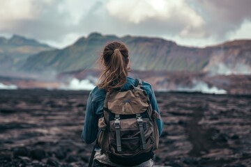 woman with backpack staring at ashcovered landscape - obrazy, fototapety, plakaty