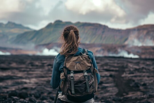 woman with backpack staring at ashcovered landscape
