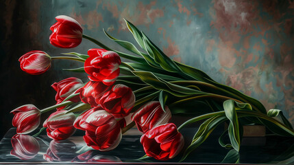 Zbliżenie na bukiet tulipanów na artystycznym tle