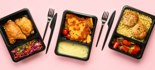 Delicious food in lunch boxes and cutlery on color background
