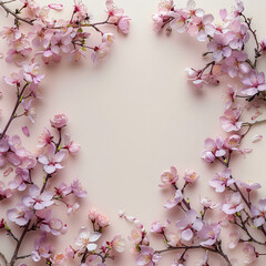 Fototapeta na wymiar Pink cherry blossom border on pastel background. Springtime floral frame with copy space. Sakura flowers for wedding invitation, greeting card, spring design. Panoramic banner