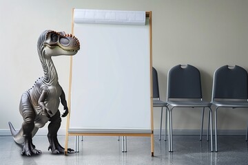 business dino standing beside a flip chart in a meeting room