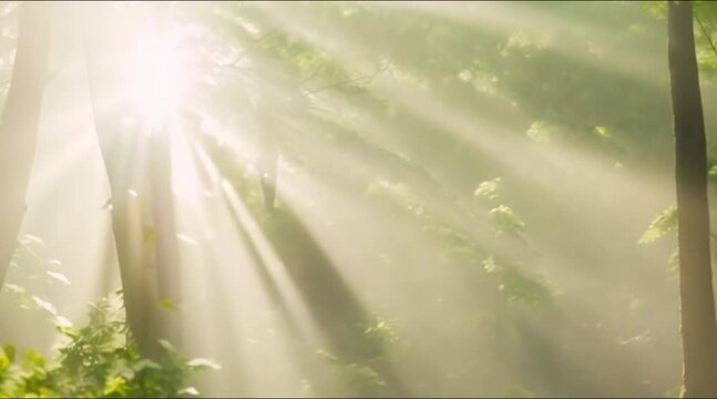Misty rainforest and bright sun beams through trees branches
