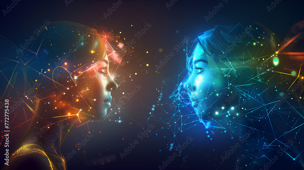 Poster a woman's face is shown in a computer-generated image with a blue background. the face is made up of