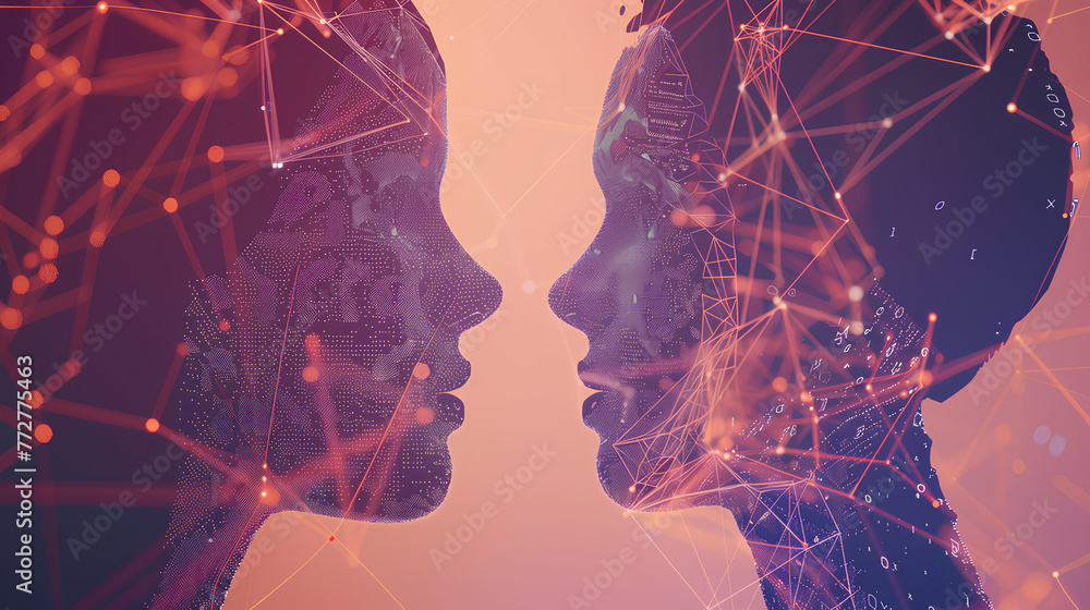 Poster a woman's face is shown in a computer-generated image with a blue background. the face is made up of