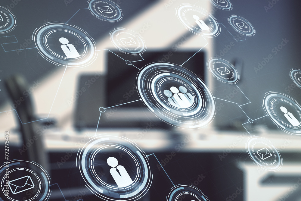 Poster double exposure of social network icons concept and modern desktop with laptop on background. market