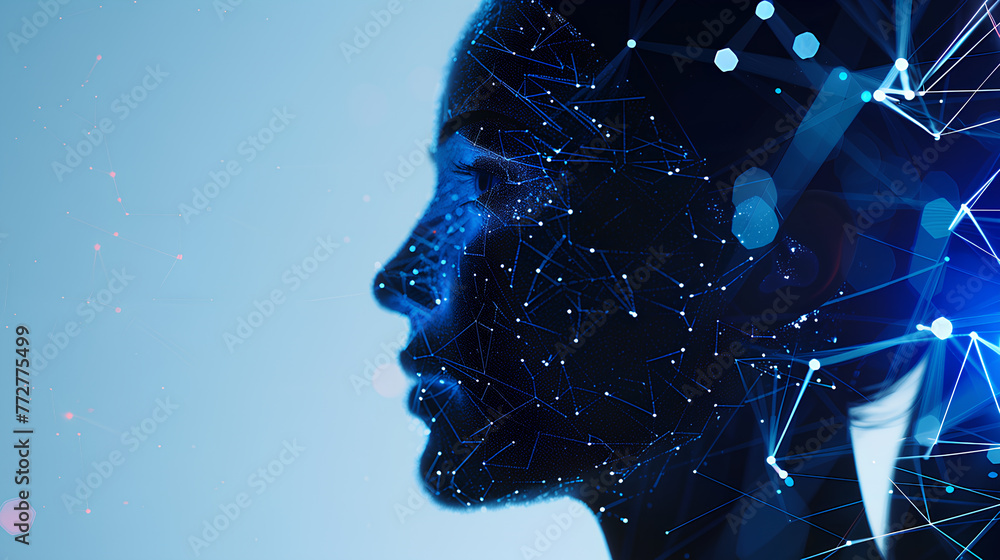Poster a woman's face is shown in a computer-generated image with a blue background. the face is made up of