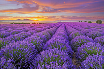 Naklejka premium Lavender Fields at Sunset: A Sea of Purple Stretches to the Horizon, Symbolizing Peace and Beauty