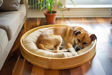 pet curled up in bamboo pet bed within cozy room setting - obrazy, fototapety, plakaty