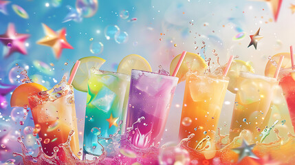 Glasses of fruit juice with straws and lemons, Summer Drink Background