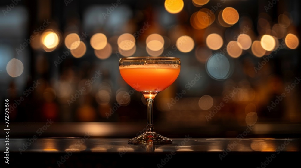 Poster a drink is placed on a table next to a bar, creating a sophisticated setting