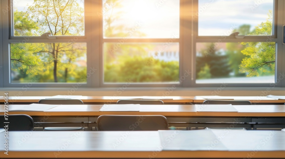 Aufkleber classroom with rows of desks and chairs under natural light from a window