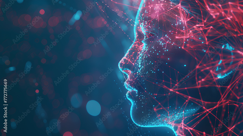 Poster a woman's face is shown in a computer-generated image with a blue background. the face is made up of