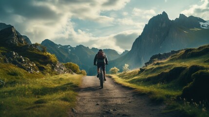 Male bicyclist riding bike along forest path in beautiful area surrounded by mountains. Rear view. Landscape, Travel, Hiking concepts - obrazy, fototapety, plakaty