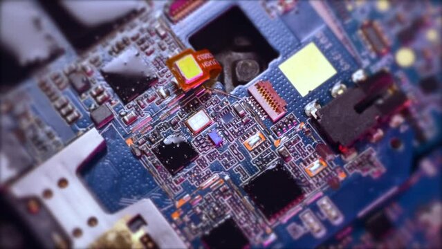 Computer motherboard components macro close up background. Microchip and microprocessors. Computer PC chip.
