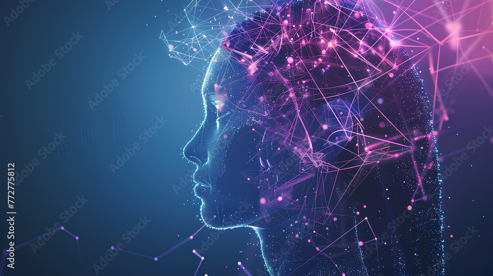 Poster a woman's face is shown in a computer-generated image with a blue background. the face is made up of