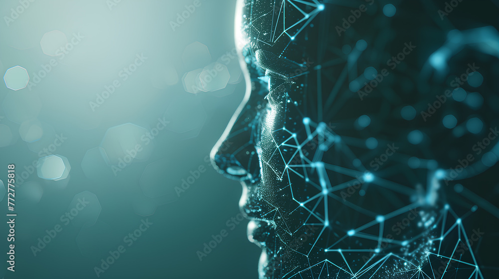 Poster a woman's face is shown in a computer-generated image with a blue background. the face is made up of