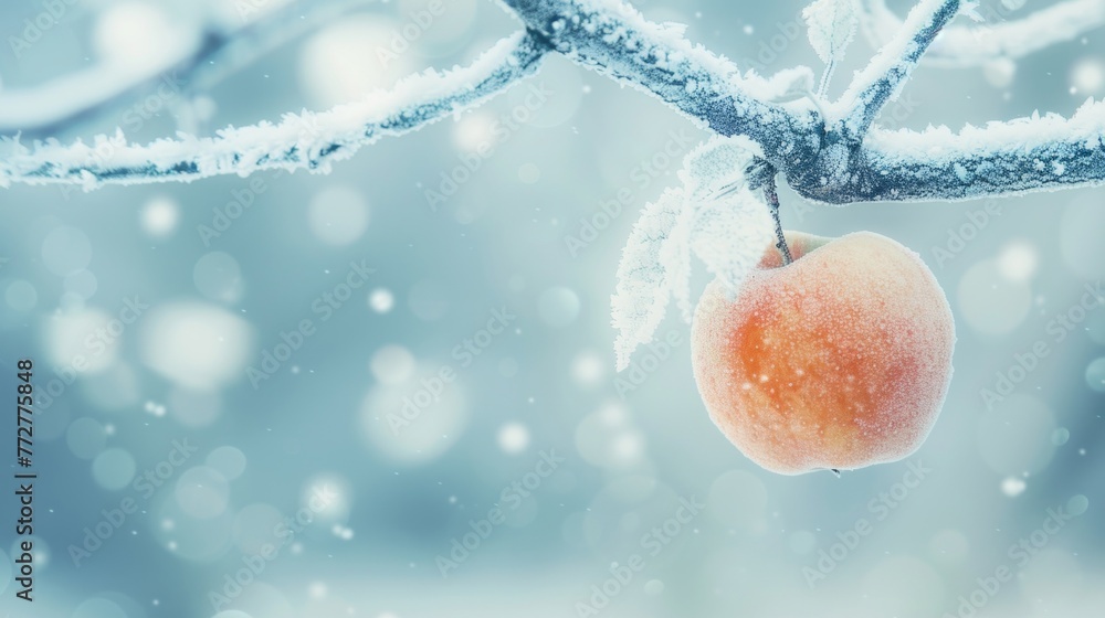 Aufkleber an apple covered in snow hangs from a tree branch, depicting a winter scene in a frosty setting