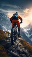 Naklejka premium Male cyclist riding bike on steep rocky trail against the backdrop of beautiful snow capped mountains. Extreme Sport and Adventure Concept.