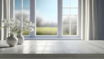 White wooden table with blurred large spring window background