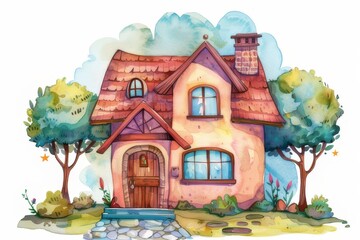 Watercolor illustration of a cute house with a garage.