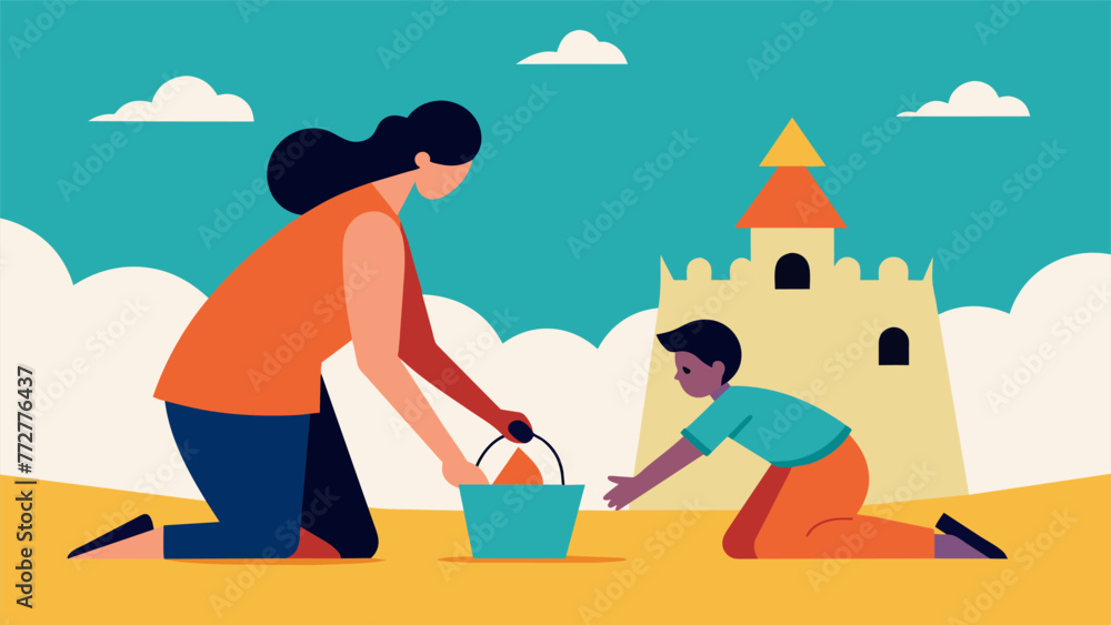 Poster an abstract painting of a parent and child building a sandcastle at the beach representing the creat